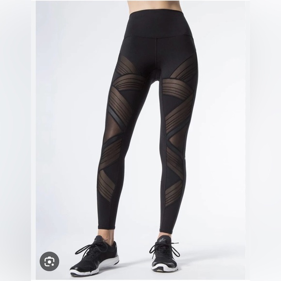 ALO Yoga Pants - Alo Yoga Black Mesh Panels Moto Sheer Panel - High Rise Waist